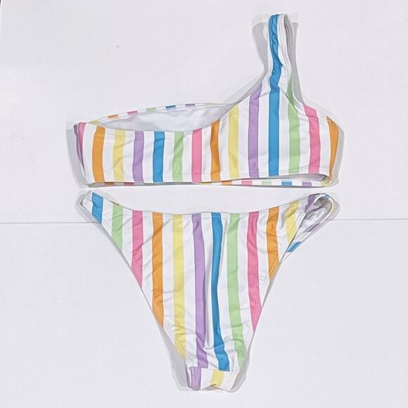 South Beach US8 Textured Bikini Pastel Stripe One Shoulder High Cut Swimsuit - Picture 6 of 12